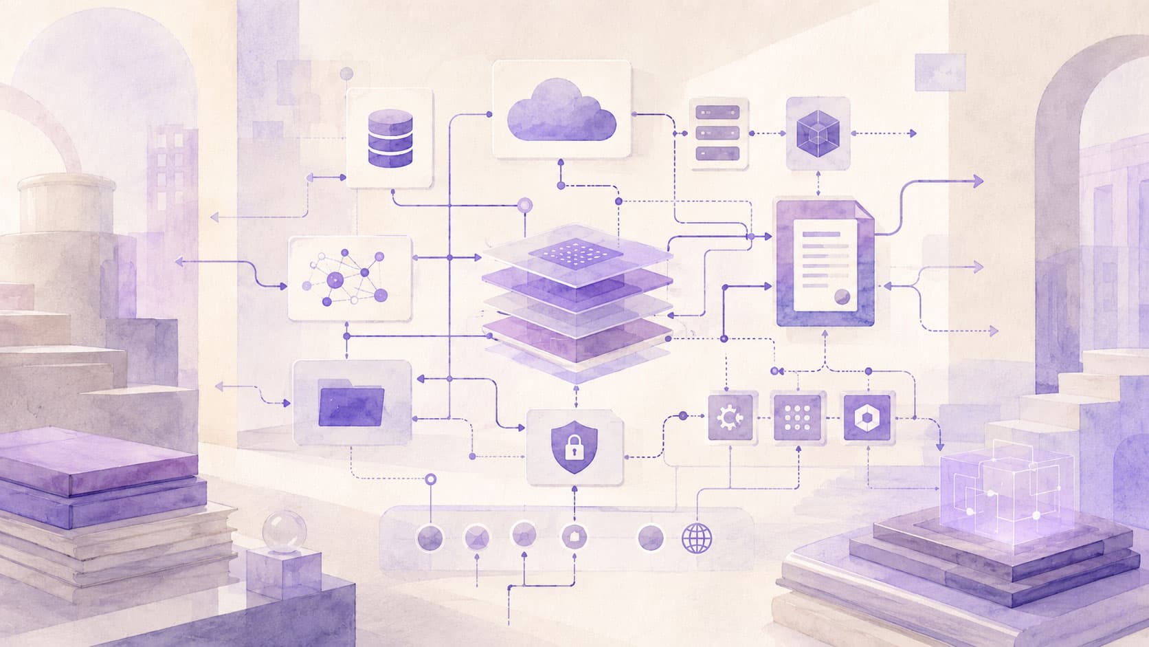 Illustration einer vernetzten digitalen Infrastruktur mit Cloud, Datenbank, Dokument, Sicherheitssymbol und verbundenen Systemebenen