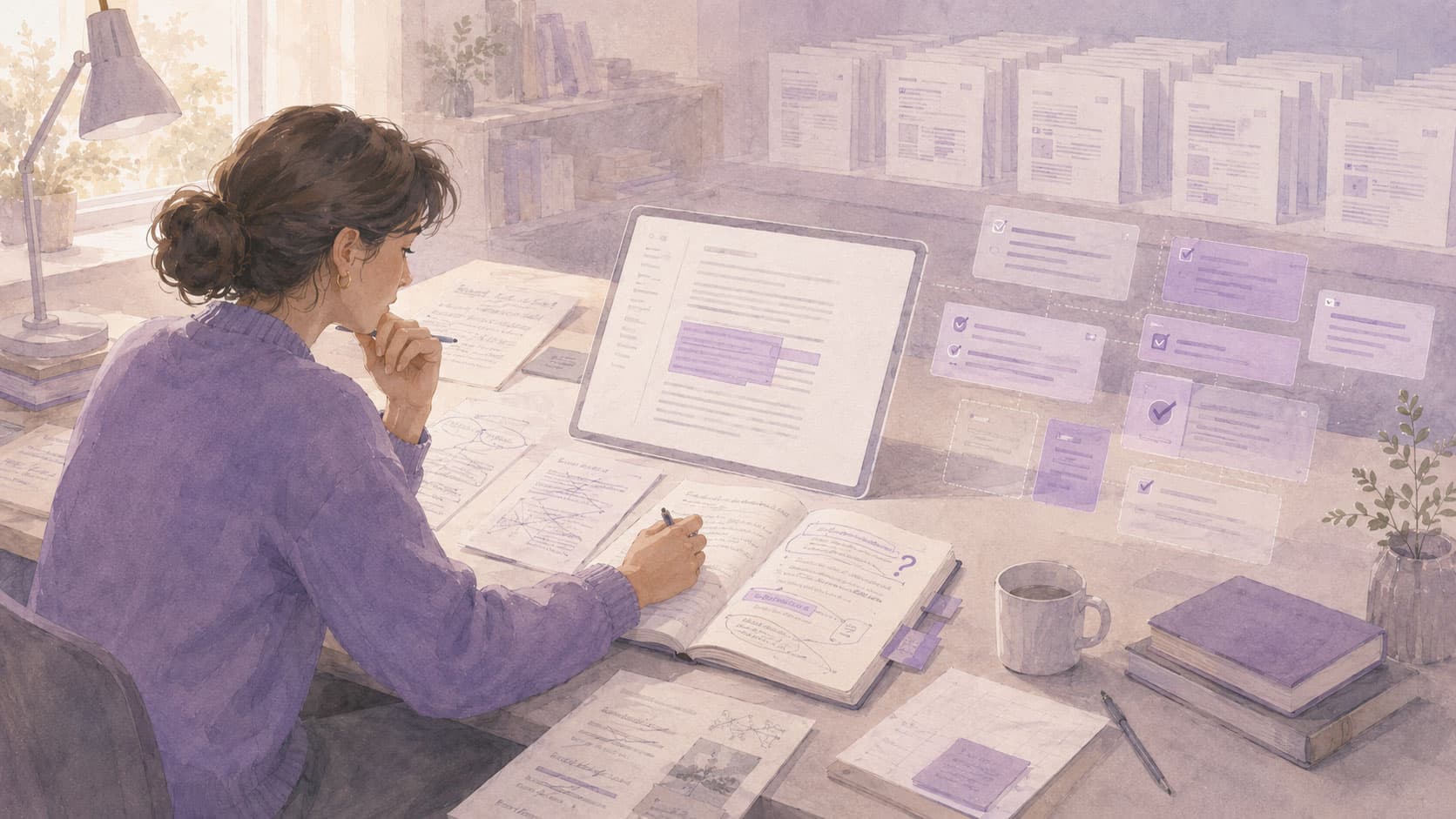 Illustration einer Person, die an einem Schreibtisch Textentwürfe, Notizen und KI-Vorschläge für einen Artikel prüft