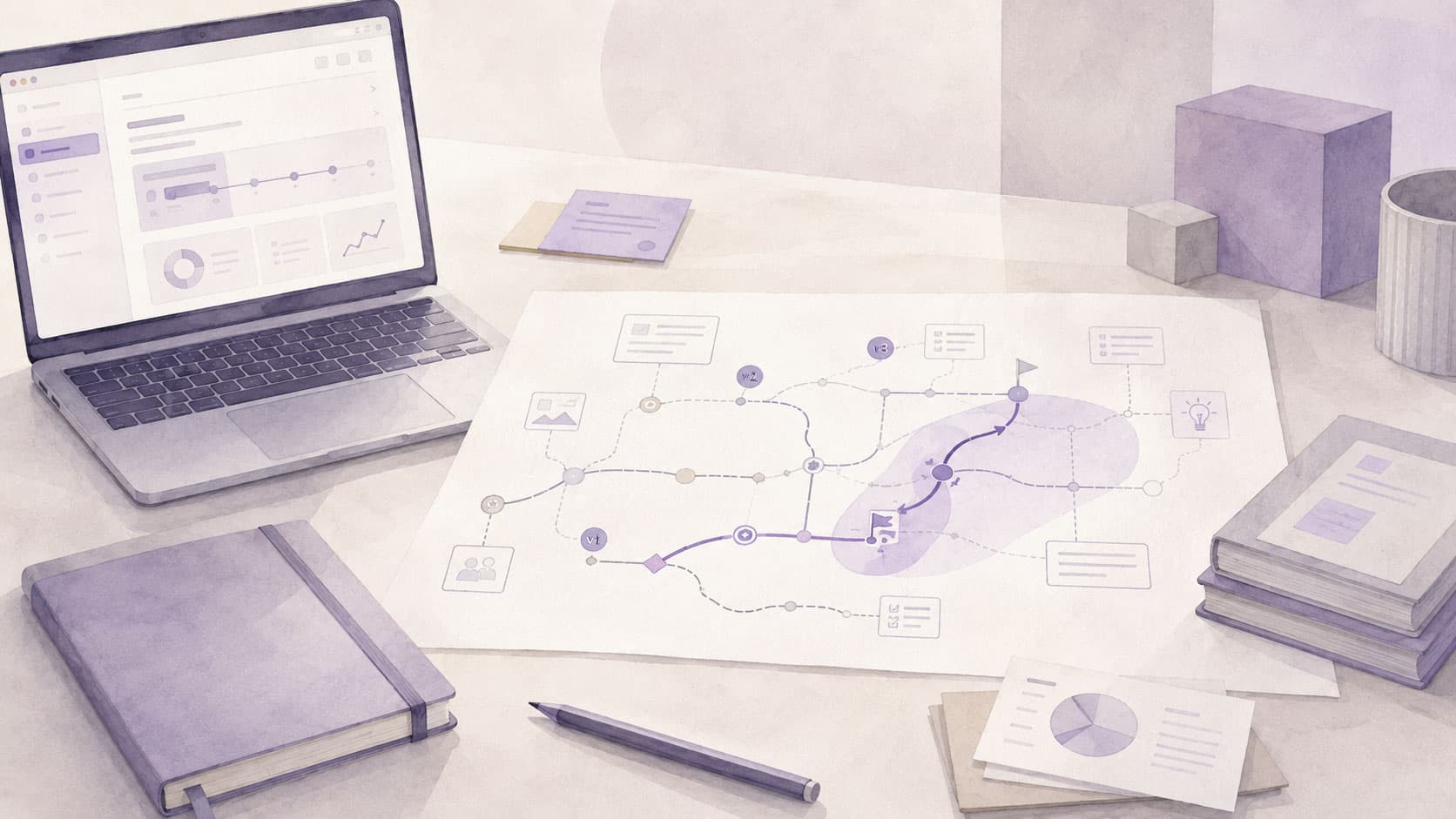 Illustration eines Arbeitsplatzes mit Laptop und ausgebreiteter Entscheidungslandkarte, auf der Pfade, Versionen und neue Kursmarkierungen verbunden sind