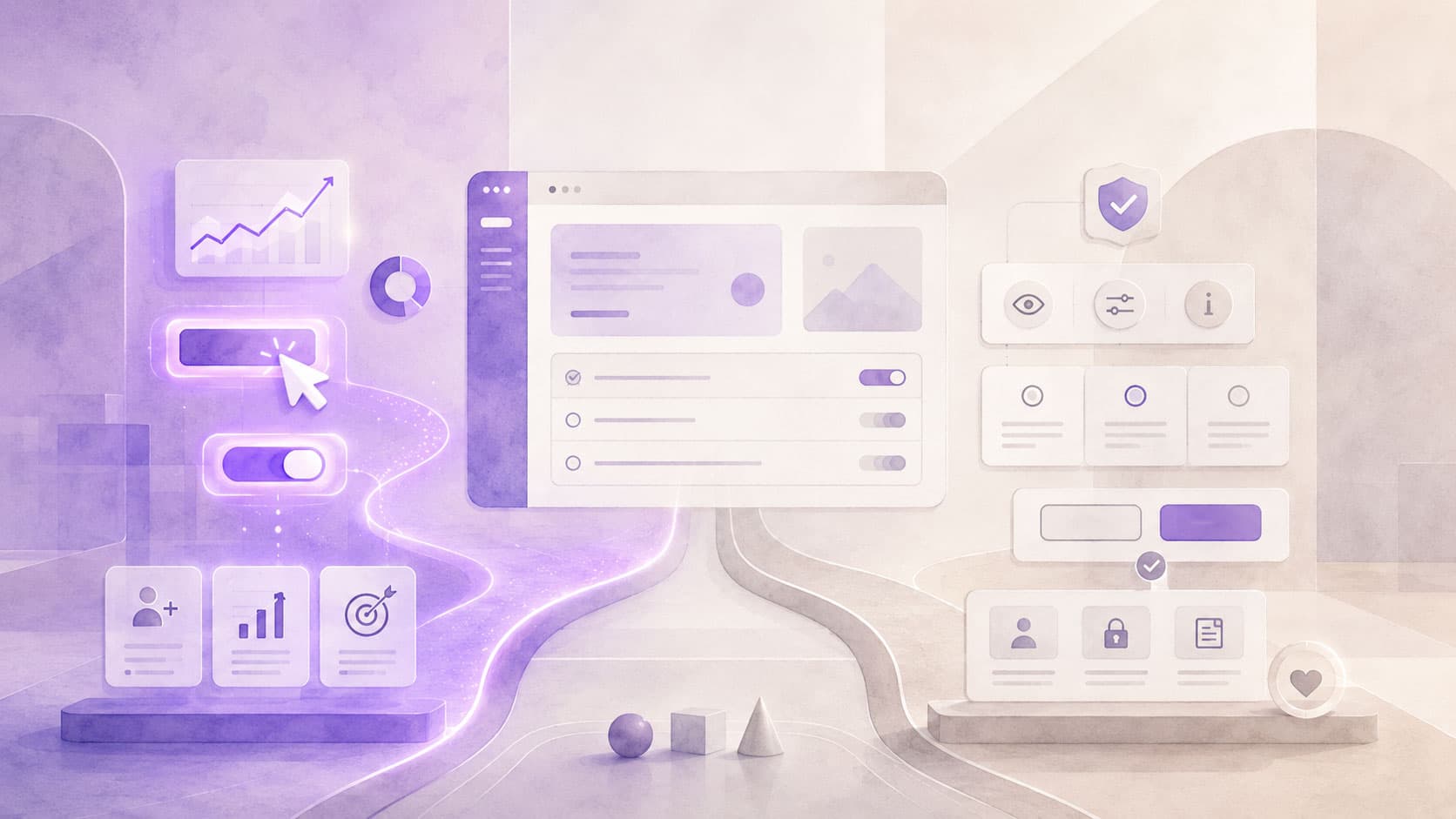 Illustration einer digitalen Benutzeroberfläche mit zwei farbigen Entscheidungswegen, UI-Karten, Diagrammen und Symbolen