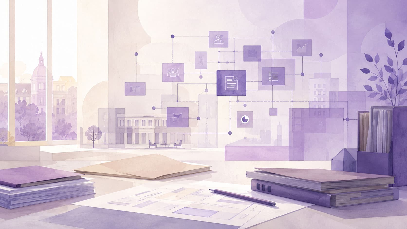 Illustration eines Verwaltungsarbeitsplatzes mit Akten, Plänen und transparent vernetzten Software-Modulen