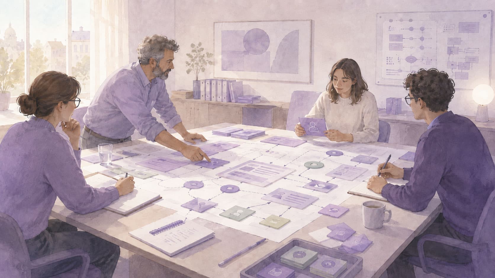Illustration eines Teams, das an einem Tisch einen digitalen Verwaltungsprozess mit Formularen, Prozesskarten und vernetzten Zuständigkeiten plant