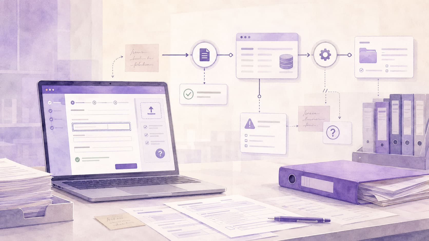 Illustration eines Verwaltungsarbeitsplatzes mit Laptop, Online-Formular, Prozessdiagramm, Datenbank, Warnhinweis, Fragezeichen, Papierformularen und Aktenordnern