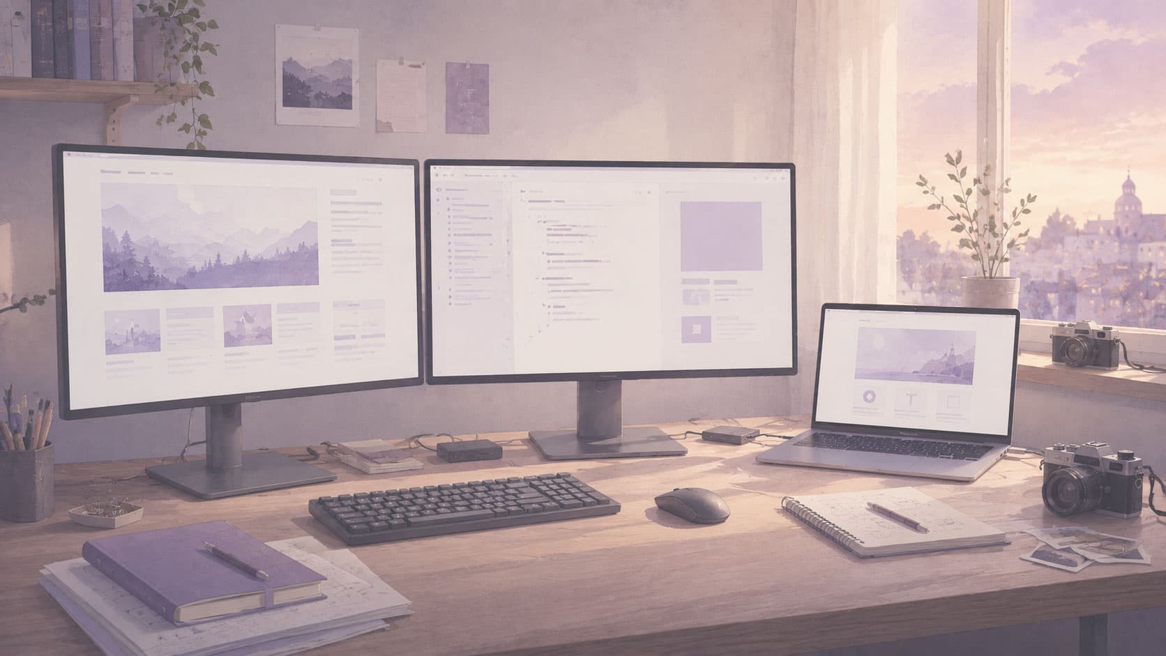 Illustration eines warm beleuchteten Arbeitsplatzes mit mehreren Bildschirmen, Laptop, Notizbuch und Kamera, auf denen eine persönliche Website entsteht