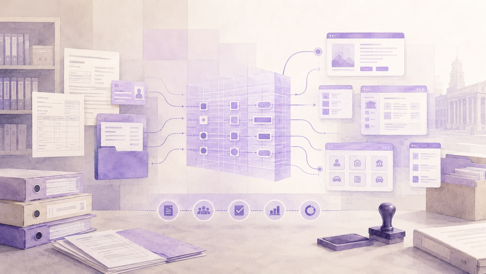 Illustration von Verwaltungsdokumenten, Datenfeldern und digitalen Portalen, die über ein zentrales Raster verbunden sind