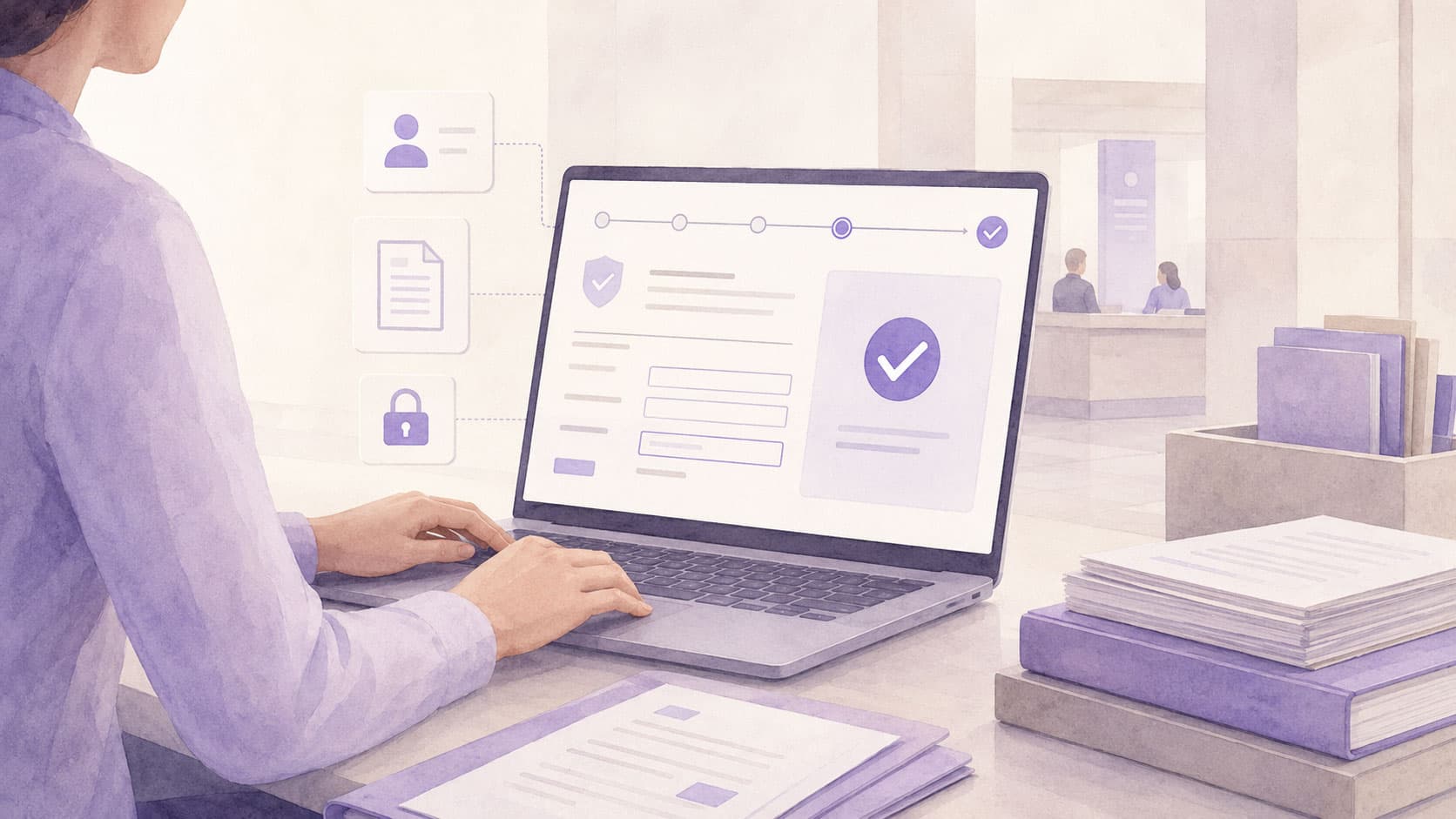 Illustration einer Person, die an einem Laptop ein digitales Verwaltungsformular mit Fortschrittsanzeige und Sicherheitssymbolen bearbeitet