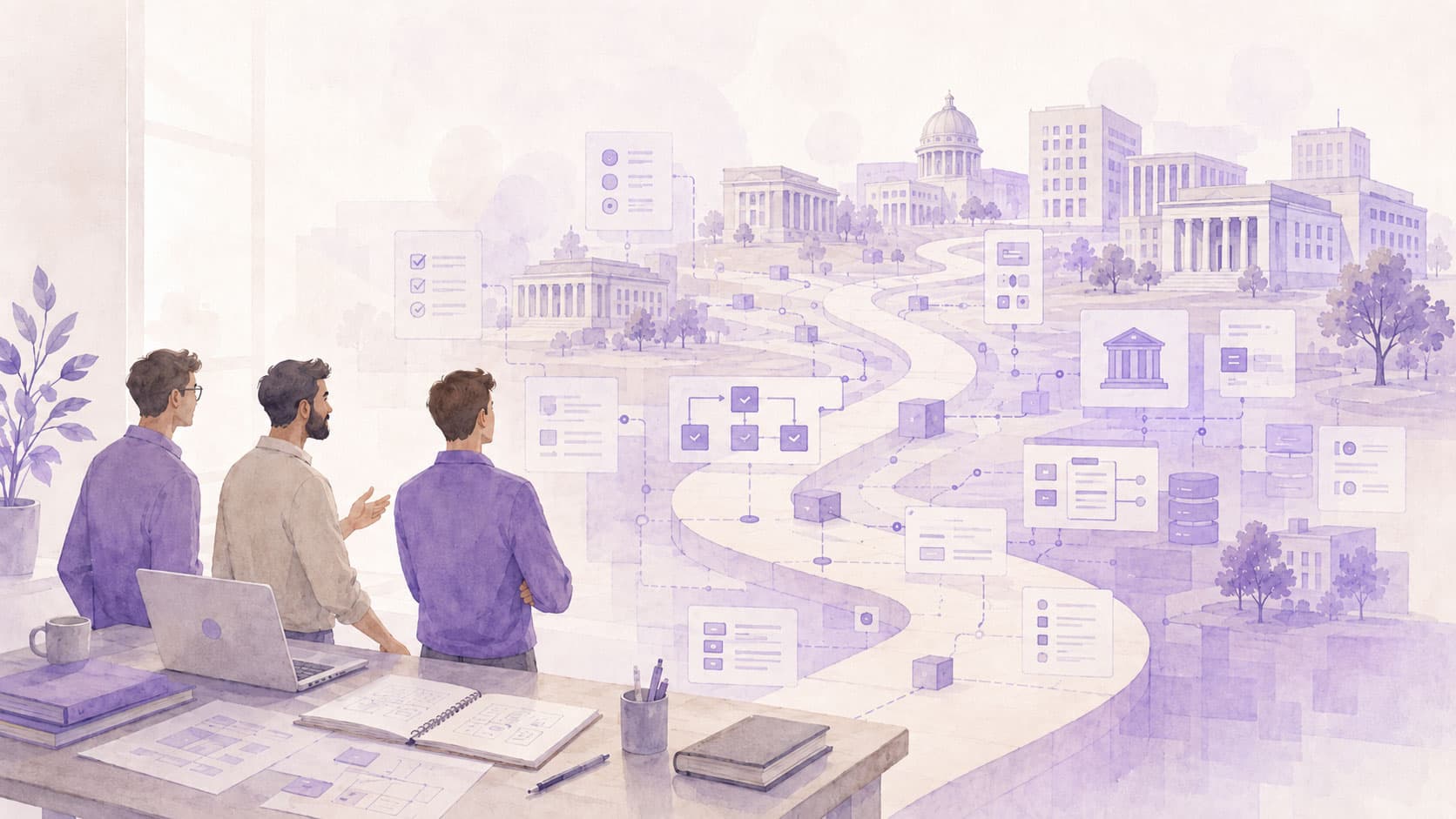Illustration eines kleinen Teams an einem Arbeitstisch, das auf einen langen Weg durch Verwaltungsgebäude, Formularoberflächen und vernetzte Schnittstellen blickt